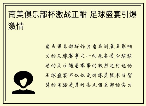 南美俱乐部杯激战正酣 足球盛宴引爆激情 南美俱乐部杯激战正酣 足球盛宴引爆激情