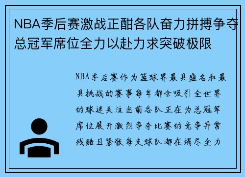 NBA季后赛激战正酣各队奋力拼搏争夺总冠军席位全力以赴力求突破极限 NBA季后赛激战正酣各队奋力拼搏争夺总冠军席位全力以赴力求突破极限